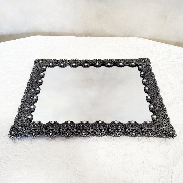 Vintage Ornate Silver Rectangular Jeweled Pearls Mirrored Vanity Perfume Tray Wall Mirror