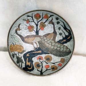 Vintage Brass Peacock Pedestal Bowl Etched Enamel Cloisonne