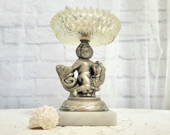 Vintage Cherub Riding Fish Compote: Pressed Glass Bowl, Marble Base