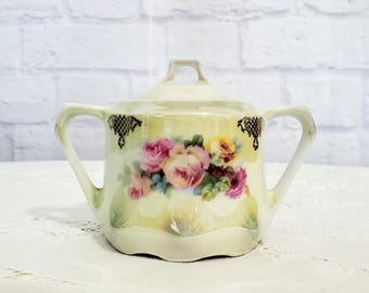 Vintage German Porcelain Sugar Bowl: Lustreware Floral Roses, Double Handles with Lid