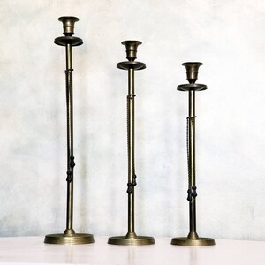 3 Brass Candle Holders Tall Skinny Candlesticks Rope Detail Matching Taper Holder