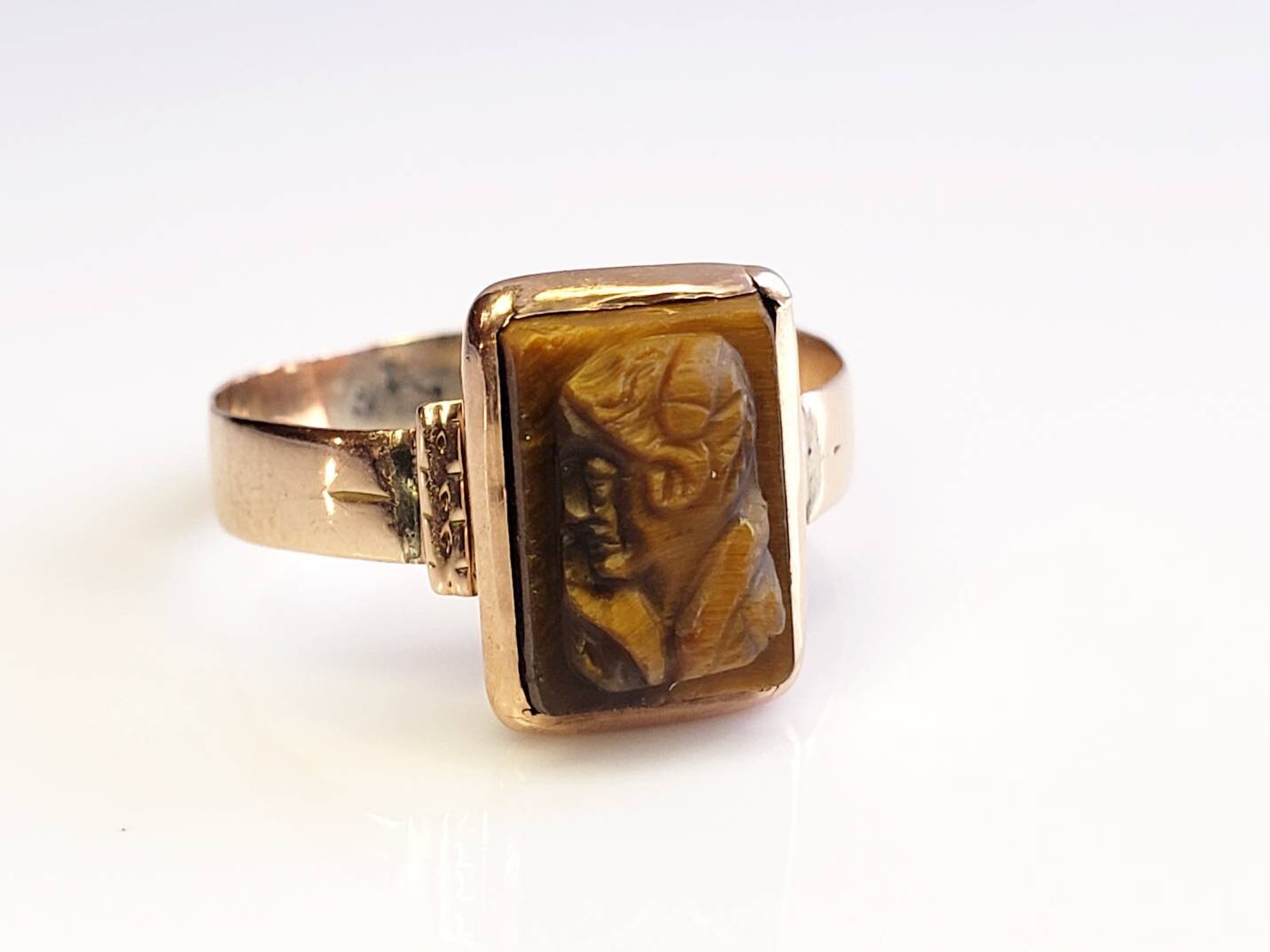 Antique Tiger Eye Cameo Ring Unisex Size 7 Victorian Jewelry Etsy