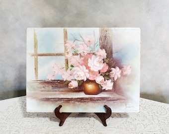 Original Oil Painting Flowers Pink Roses Still Life Robert Cox Cottage Core Vintage