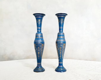 Vintage Pair Brass Vases Blue Enamel Etched Brass India Boho Gold