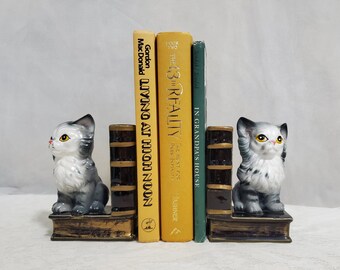 Vintage Pair Cat Ceramic Bookends Kitty Book Ends Repaired