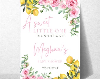 Eine süße kleine Babyparty Zitrone Blumen Willkommensschild Vorlage