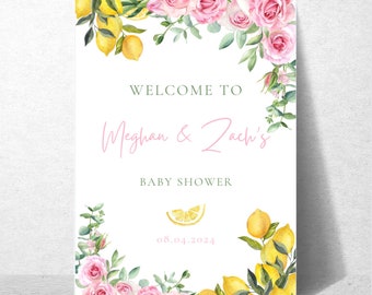 Personalisiertes Willkommensschild, Zitrone & Blumen, Brautparty, Babyparty (20x30)