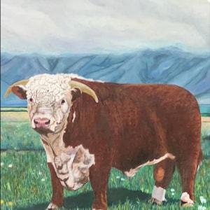 Registered Horned Hereford Bull CANVAS PRINT of Original oil painting of 1950’s