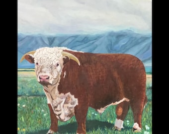 Registered Horned Hereford Bull CANVAS PRINT of Original oil painting of 1950’s