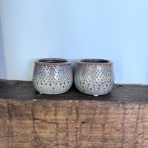 May include: Two round ceramic planters with a textured exterior featuring raised dots. The glaze transitions from a dark brown rim to a lighter, mottled blue-grey base. Each pot has a wide opening and a smooth, rounded silhouette.