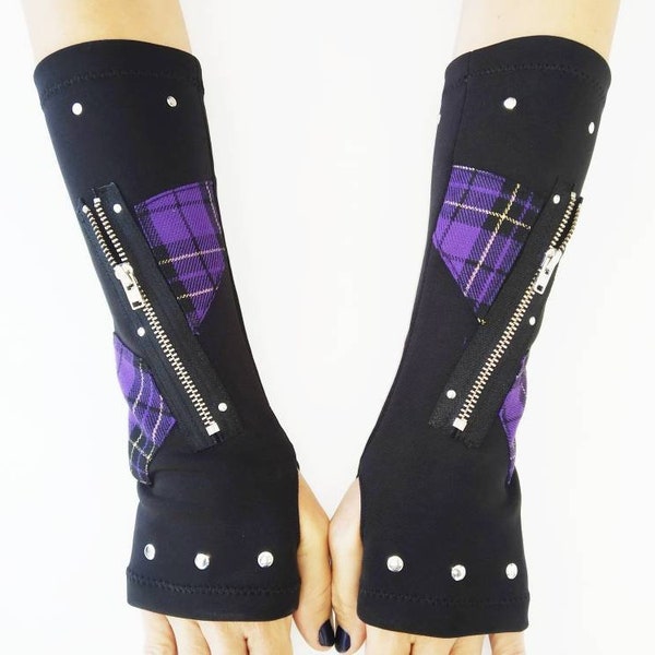 K'97 lange Handschuhe, Armstulpen, handgemacht, Stretch-Polyester, lila Tartan, Punk Handschuhe, Gothic, Harajuku, Emo Kleidung, visuell kei, kawaii