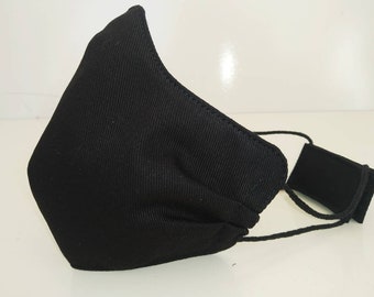 Black Canvas Face Mask & Filter cover, Washable, 3 Layers, 4 Sizes, 2 Closures, black mask, mask velcro closure, worker mask