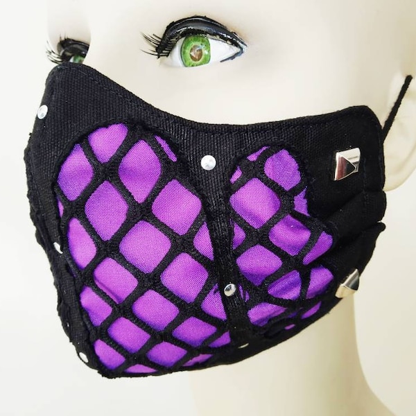 Fishnet'32 Gesichtsmaske & Filterhülle, waschbar, 3 Größen, 3 Schichten, 2 Verschlüsse, Punk Maske, Gothic Maske, Visual Kei, Emo Maske, Steampunk