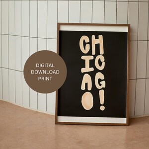 Impressão digital de letras de Chicago || Download de pôster preto e creme da cidade || Esboço de impressão de cartão postal da cidade de Chi desenhado à mão em negrito