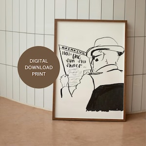 Newspaper Man "Hot: The Sun Still Shines" Print || Black and White Sketch Whimsical Eclectic Art || Good News Handmade Printable Sketch Art