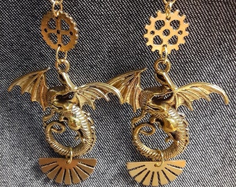 Bold Celestial Steampunk Dragon Earrings