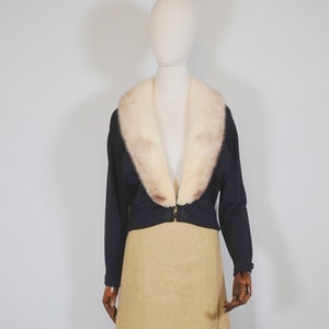 MEDIUM 1950s Fur Mink Collar Accent Black Cardigan Jumper Sweater  - VTG Fifties 50s True Vintage Fashion