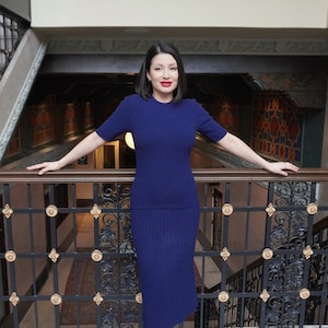 1940s Navy Blue Wool Top/ Blouse and A Line Skirt 2 piece Sweater Set - Vtg Forties 40s True Vintage Fashion SMALL