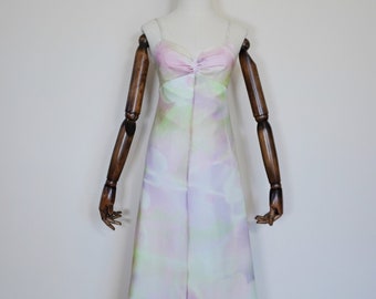 PETITE Frühe 1970er Jahre Floral Aquarell Muster Maxi Kleid mit Cape- Sixties 60er 70er Seventies Fashion True Vintage