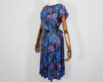 1950s Magenta Blue Black Abstract Print Acetate Day Dress - Novelty Print- 50s Fifties True Vintage VTG Fashion - Extra Small PETITE