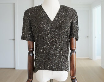 1940er Jahre Schokoladenbraune Pailletten Rayon Crepe Bluse mit Gepolsterten Schultern - Verschönerte Cocktail Abend Top Kleidung 40er Jahre 40er Jahre