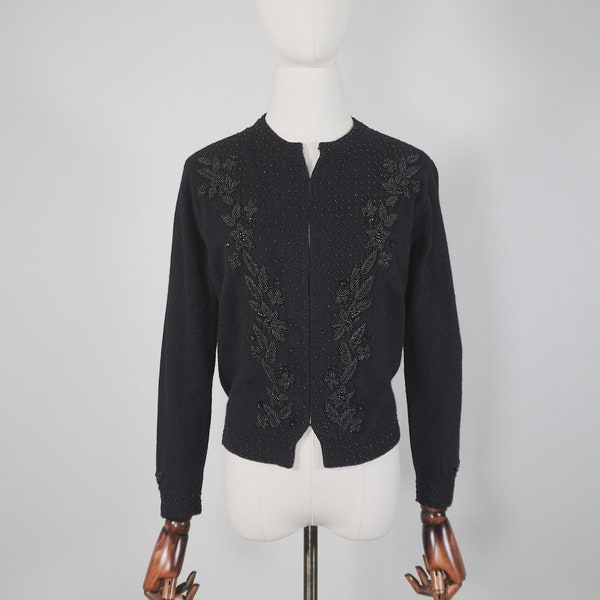 SMALL 1950s Embellished Beaded Black Cardigan Jumper Sweater  - VTG Fifties 50s True Vintage Fashion