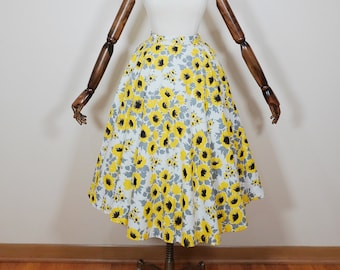 1950s Yellow Poppy Flowers Floral Novelty Print Full Circle Skirt- 50s Fifties True Vintage Fashion