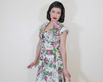 1940s Floral Garden Cotton Dress w/ Pockets  - Forties True Vintage Style- 40s Flower dress VTG