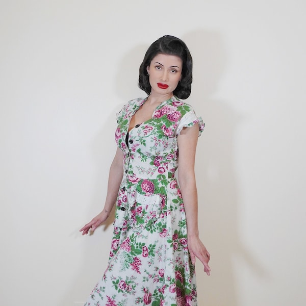 1940s Floral Garden Cotton Dress w/ Pockets  - Forties True Vintage Style- 40s Flower dress VTG