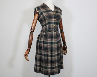 Petite 1950s Wool PLAID Brown & Green Two Piece Vest / Pleated Skirt  Set - 50s True Fifties Fashion 13" Waist