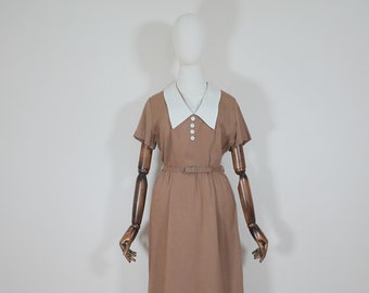 16" Waist - 1950s Spring Summer Brown Shirt Waist Rayon Button Accent Day Short Sleeve Dress - 50s Fifties True Vintage VTG Fashion -