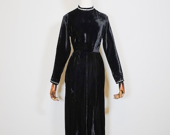 Glamorous Black VELVET Late 1960s Dress with Rhinestone Accents 60s 70s Sixties Seventies Fashion True Vintage SMALL