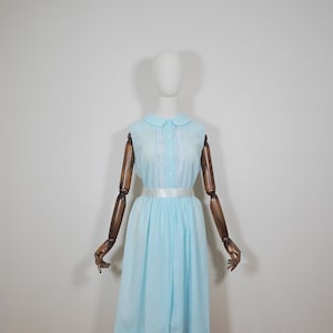 16&quot; Waist - 1950s Light Blue Sheer Shirt Waist Cotton Day - Spring Summer Sleeveless Dress - 50s Fifties True Vintage VTG Fashion -