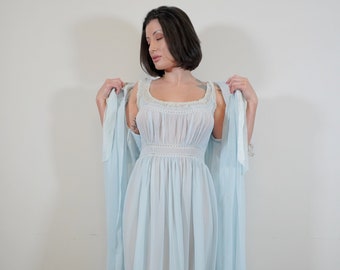 1950s/ 1960s Peignoir Set Empire Waist Princess Lingerie Sleep Night Gown Dress Lace Detailing BEAUTIFUL Dreamy SMALL 50s 60s