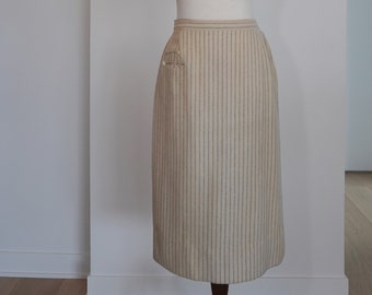 SMALL - MEDIUM Wool 1950s Cream Soft Grey Striped High Waisted True VINTAGE Pencil Skirt Barbara Field by Joyce of Chicago