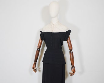 1930s Early 1940s Black Rayon w/ lace shoulders Peplum Waist Short Sleeve Cocktail Dress  - True Vintage 30s 40s Deco Fashion
