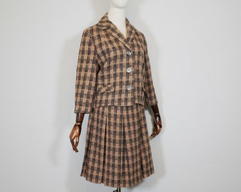 1950s Wool Jacket & Pleated  A Line Skirt Set - Brown and Black Plaid Pattern - VTG Fifties 50s True Vintage Fashion SMALL - MEDIUM