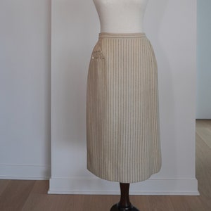 SMALL - MEDIUM Wool 1950s Cream Soft Grey Striped High Waisted True VINTAGE Pencil Skirt Barbara Field by Joyce of Chicago