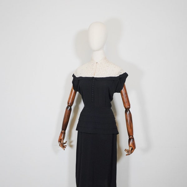 1930s Early 1940s Black Rayon w/ lace shoulders Peplum Waist Short Sleeve Cocktail Dress  - True Vintage 30s 40s Deco Fashion