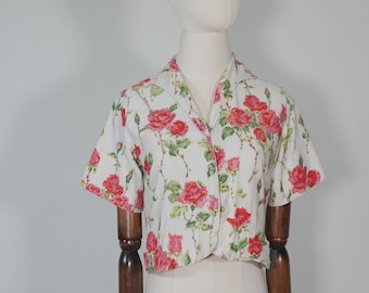 1950s Floral Embellished Cotton Blouse Top Shirt Vintage White Button Down - Fifties 50s True Vintage Style VTG