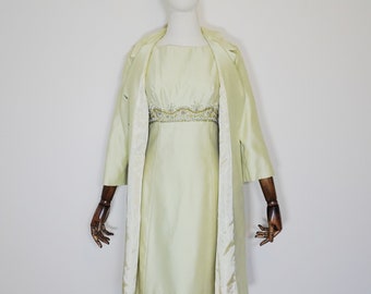 Spectacular Cocktail Beaded Dress and Matching Coat Set in Celadon Green Silk Sixties 60s 1960s - True Vintage Style VTG MOD Glam