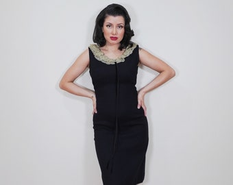 SMALL 1950s Black Cocktail Dress Lace Neck Collar Pencil Wiggle Dress - Fifties True Vintage Petite 50s Style