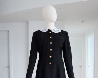 1930s Black Dress Coat with Lace Collar Detailing- Gold Lion Buttons Tailored Coat Interior Lined True Vintage VTG Late Thirties 30s Fashion