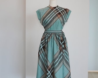 Extra SMALL- 1950s Robin Egg Blue Striped Cotton Dress - 50s Mid Century Style - Fifties Glam XXS - XS Petite