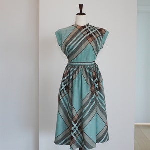 Extra SMALL- 1950s Robin Egg Blue Striped Cotton Dress - 50s Mid Century Style - Fifties Glam XXS - XS Petite