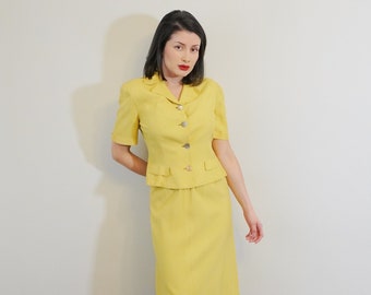 Chartreuse Yellow 1940s Tailored Jacket Set Suit A Line Skirt Set Forties 40s True Vintage Style VTG SMALL