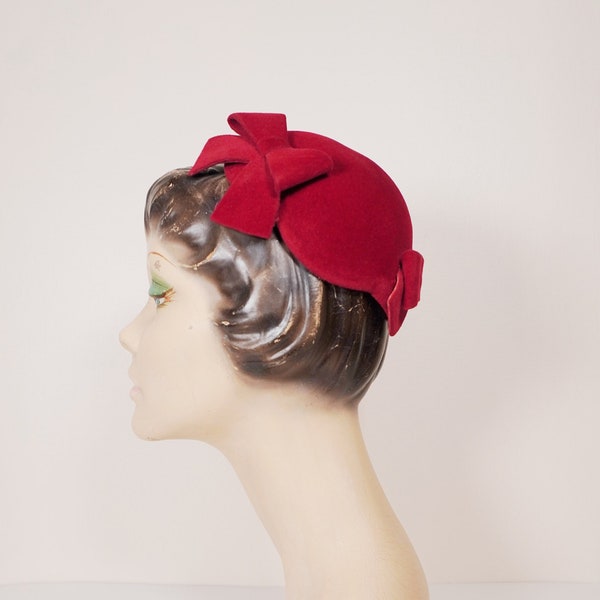 1950s Red Velvet Bow Cocktail Cap  -Fifties Vintage Mid Century Ladies Fashion Accessory 50s Cocktail Hat