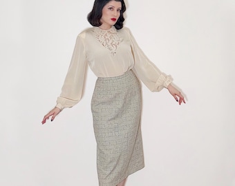 Long Sleeve 1940s LACE Beige Rayon Satin Blouse with Buttons on Rear- Cocktail Evening Top Attire True Vintage 40s Forties Padded Shoulders