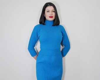 SMALL 1950s Wool Cerulean Blue "Lofties"Top and A Line Skirt 2 piece Set - Vtg Fifties 50s True Vintage Fashion SMALL "As Is"