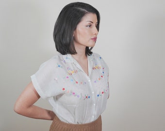 1940s / 1950s "Going on a Ride" Sheer Cotton Blouse Embroidered Colorful Floral Frontal Pattern- 40s 50s Forties Fifties Style Top VINTAGE